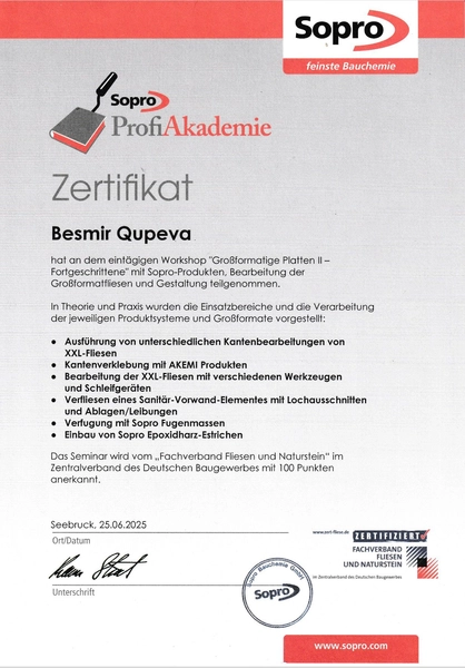 BESMIR QUPEVA - Fliesenlegermeister - Zertifikat