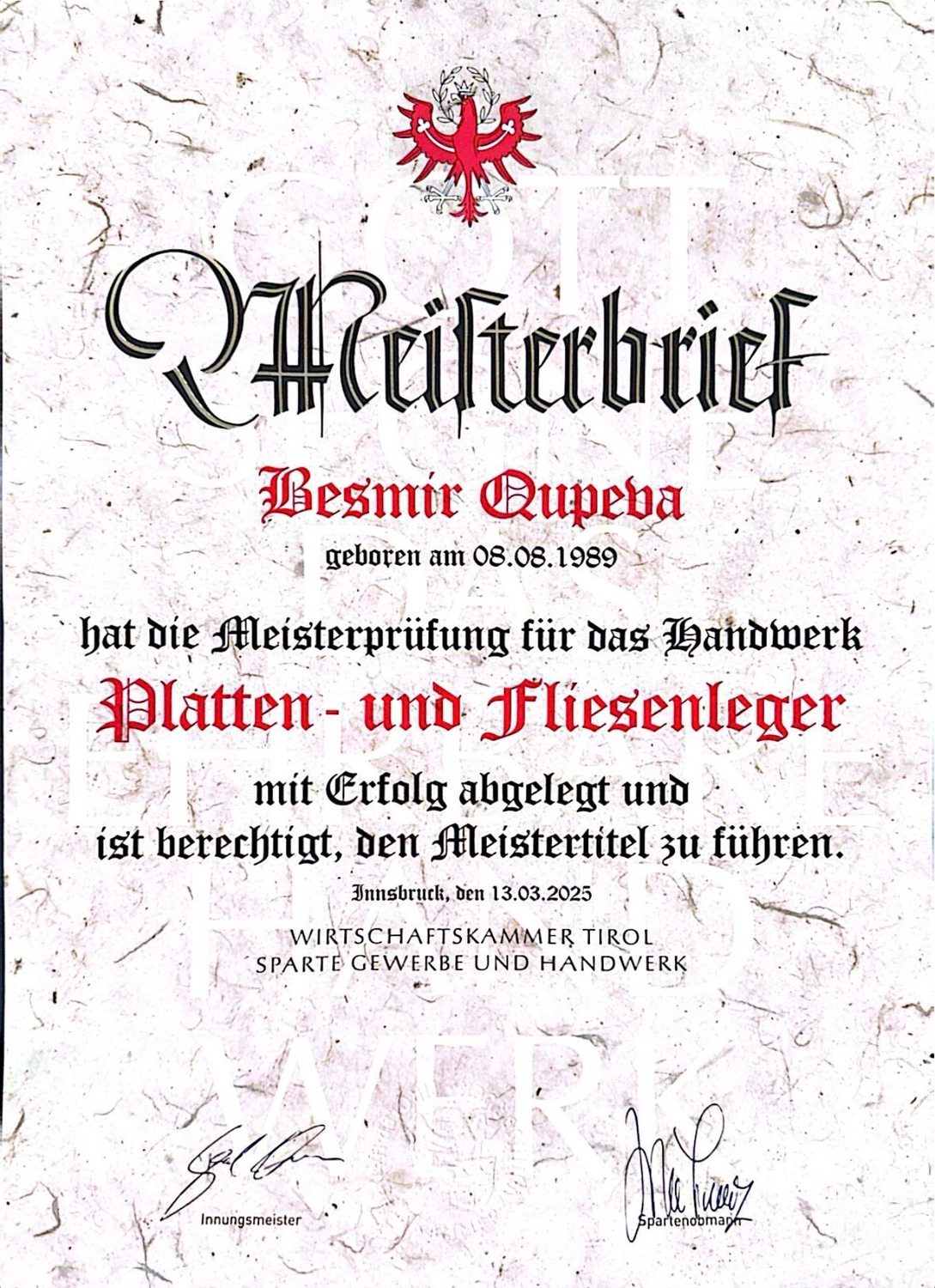 BESMIR QUPEVA - Fliesenlegermeister - Zertifikat