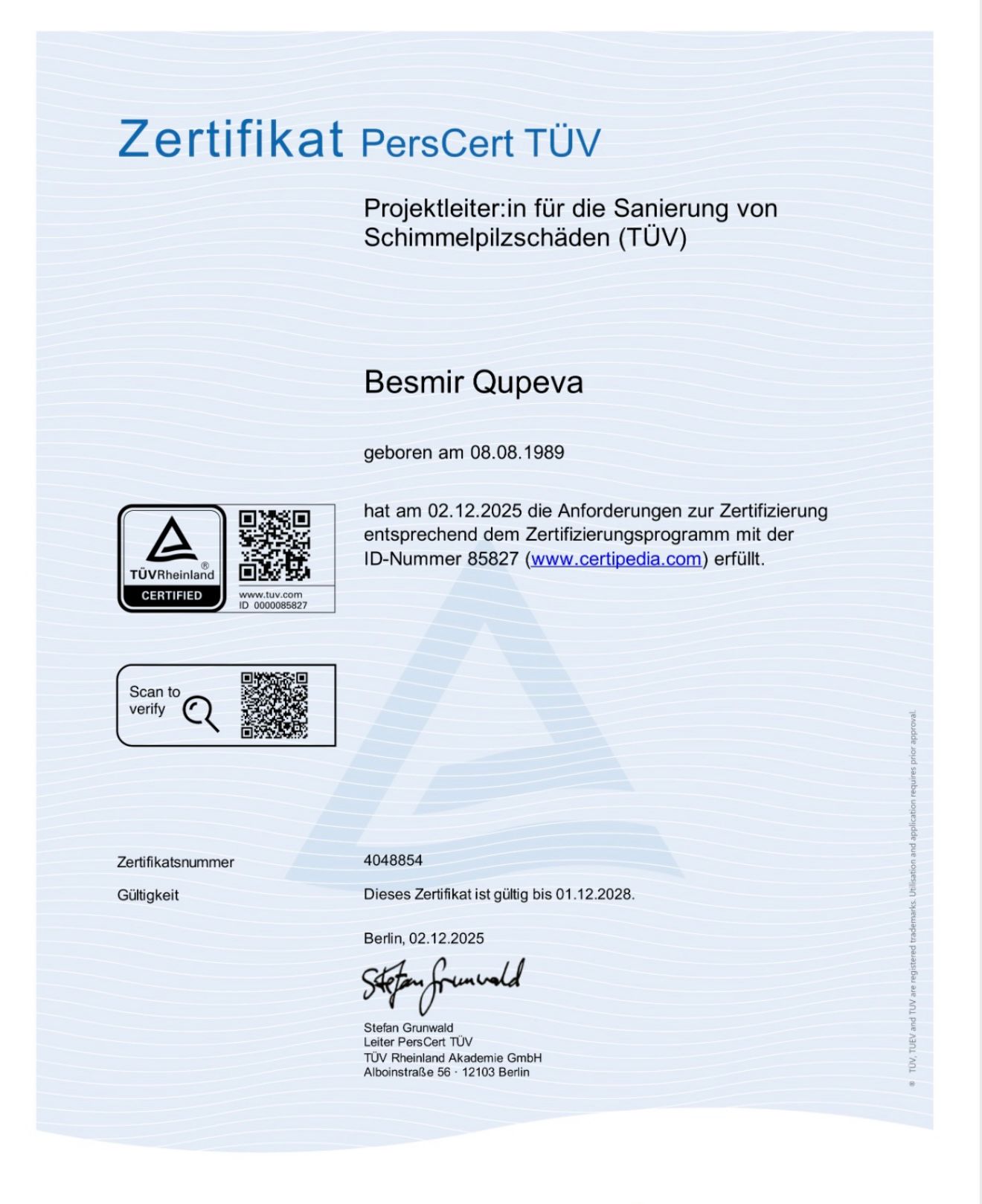 BESMIR QUPEVA - Fliesenlegermeister - Zertifikat