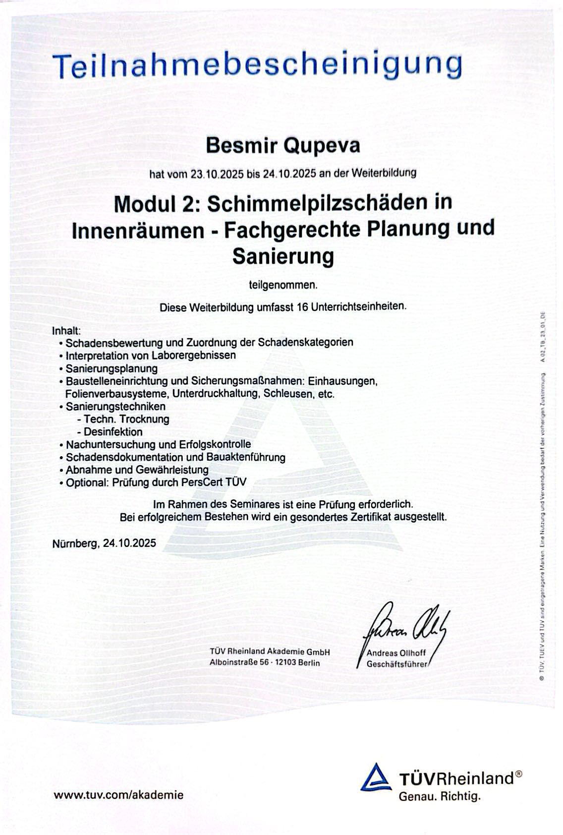 BESMIR QUPEVA - Fliesenlegermeister - Zertifikat