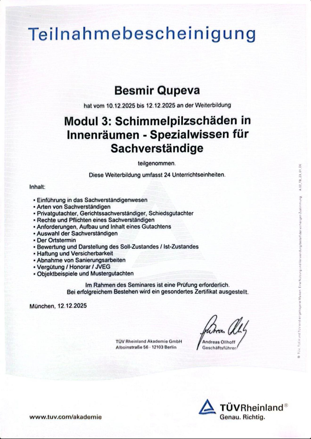 BESMIR QUPEVA - Fliesenlegermeister - Zertifikat